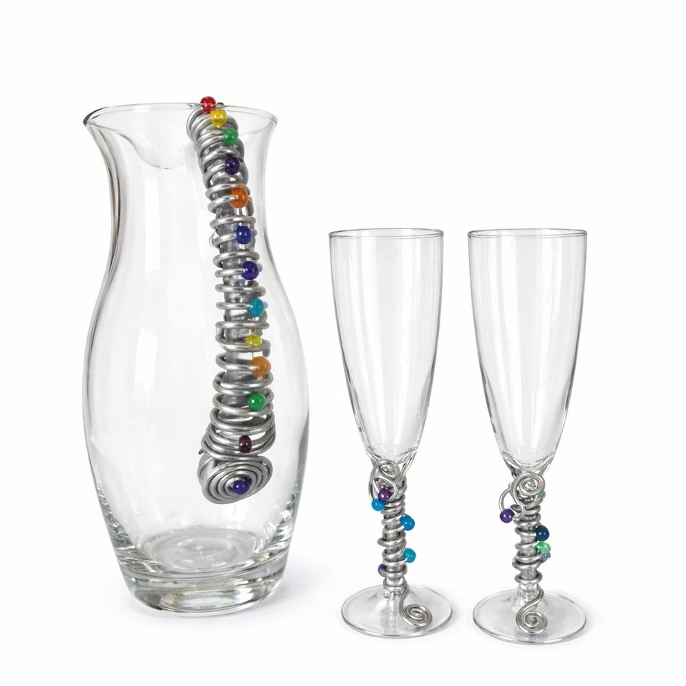 Glass Pitcher and Flute Set with Colorful Wired Accents